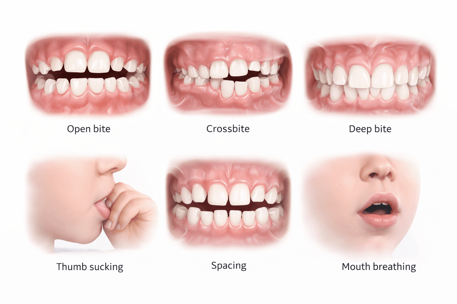 Dental illustration showing habit correction problems such as open bite, crossbite and thumb sucking in children
